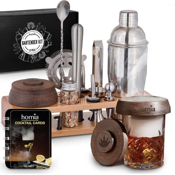 HOMIA Bamboo Cocktail Stand W/Drink Smoker Bartending Kit 13piece - Picture 1 of 7